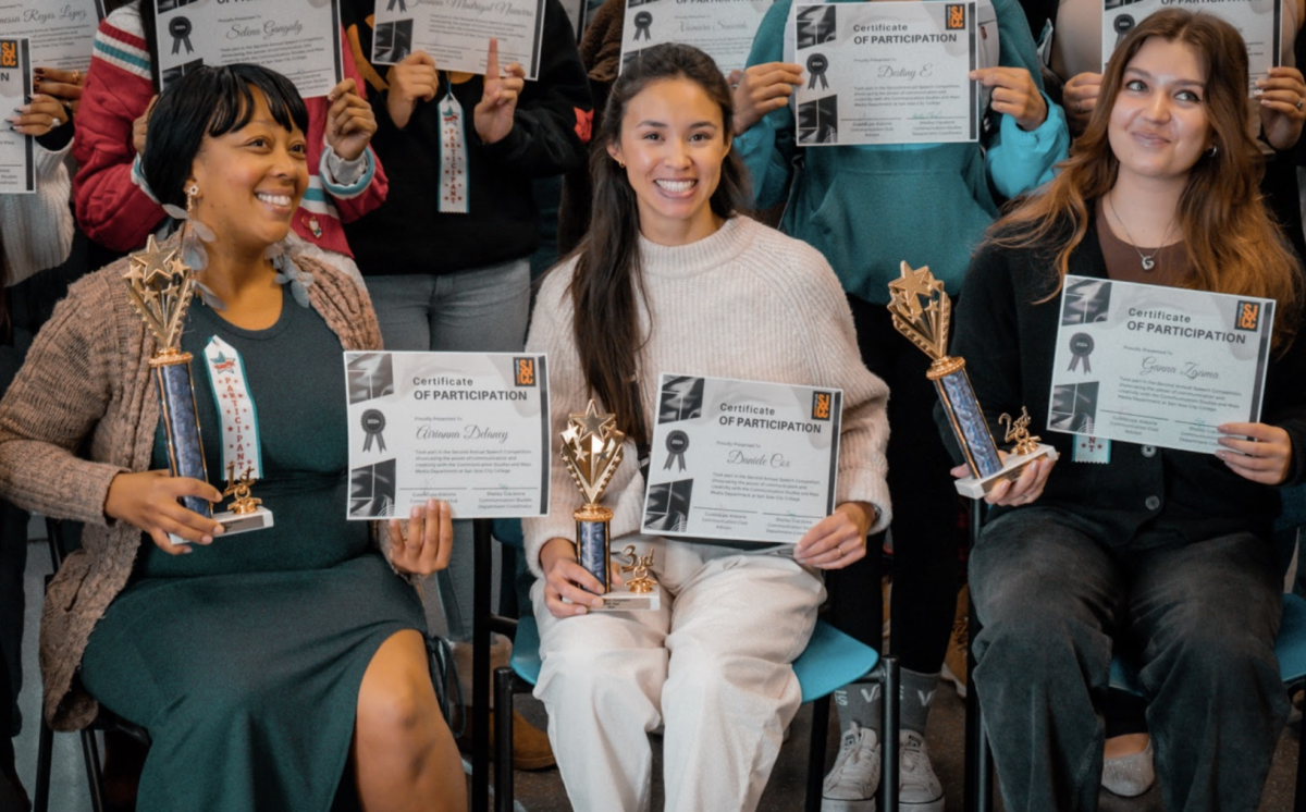 Winners of SJCC's speech competition hold up their trophies and participation slips Friday, Nov. 15, 2024 in the Tech Building. 